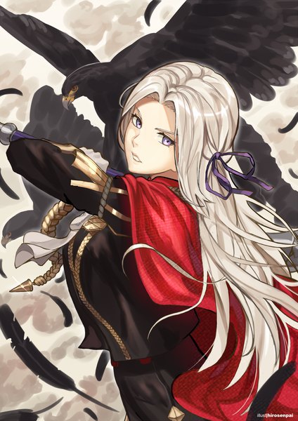 Anime picture 1060x1500 with fire emblem fire emblem: three houses fire emblem heroes nintendo edelgard von hresvelg hirosenpai single long hair tall image looking at viewer standing purple eyes holding signed payot silver hair parted lips wind clenched teeth girl