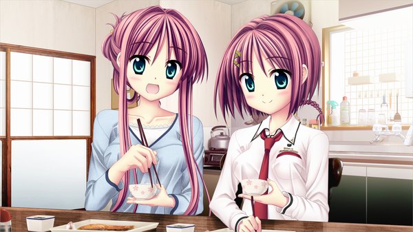 Anime picture 1280x720 with sakura sakimashita haruno tsubame akizuki tsukasa long hair blush short hair open mouth smile wide image multiple girls green eyes game cg purple hair eating girl uniform 2 girls school uniform