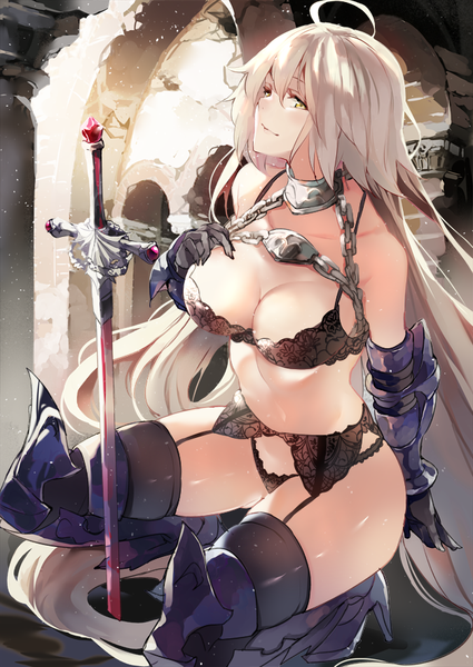 Anime picture 627x885 with fate (series) fate/grand order jeanne d'arc (fate) (all) jeanne d'arc alter (fate) ken (coffee michikusa) single tall image looking at viewer blush fringe breasts light erotic smile hair between eyes large breasts bare shoulders yellow eyes cleavage silver hair full body