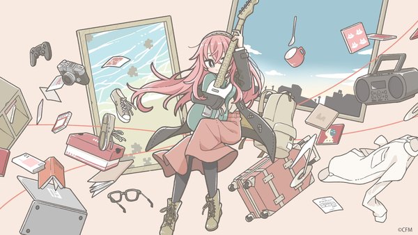 Anime picture 2048x1152 with vocaloid megurine luka east sha2 single long hair looking at viewer fringe highres hair between eyes wide image pink hair long sleeves weightlessness girl skirt pantyhose glasses shoes black pantyhose book (books)