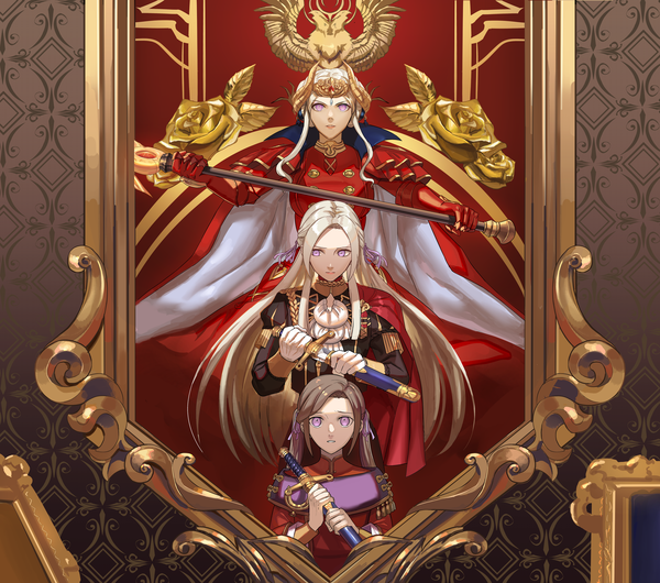 Anime picture 5328x4708 with fire emblem fire emblem: three houses nintendo edelgard von hresvelg aizumi240326 long hair looking at viewer highres short hair brown hair standing purple eyes multiple girls holding looking away absurdres silver hair horn (horns) alternate age multiple persona
