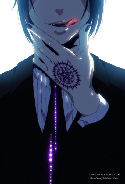 Anime picture 890x1301 with kuroshitsuji a-1 pictures sebastian michaelis ar-ua tall image short hair black hair simple background white background signed long sleeves close-up butler boy necktie tongue star (symbol)