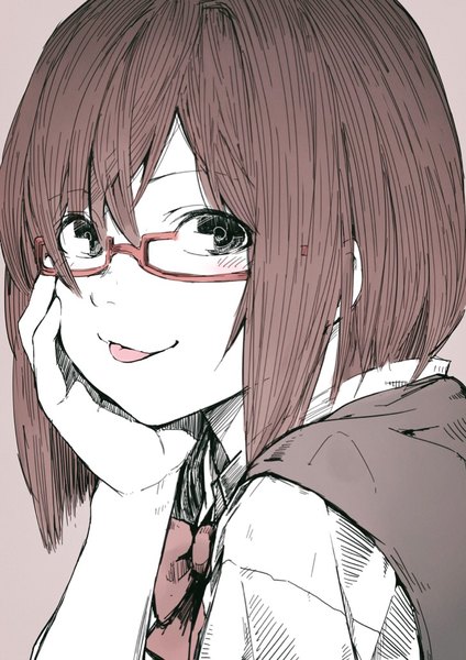 Anime picture 728x1030 with idolmaster idolmaster cinderella girls maekawa miku kakeshou single tall image looking at viewer short hair simple background smile brown hair upper body black eyes portrait pink background hand on face bespectacled polychromatic girl glasses