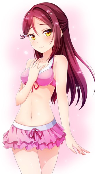 Anime picture 822x1500 with love live! sunshine!! sunrise (studio) love live! sakurauchi riko motoasaco single long hair tall image looking at viewer blush fringe breasts light erotic simple background hair between eyes standing bare shoulders yellow eyes payot red hair