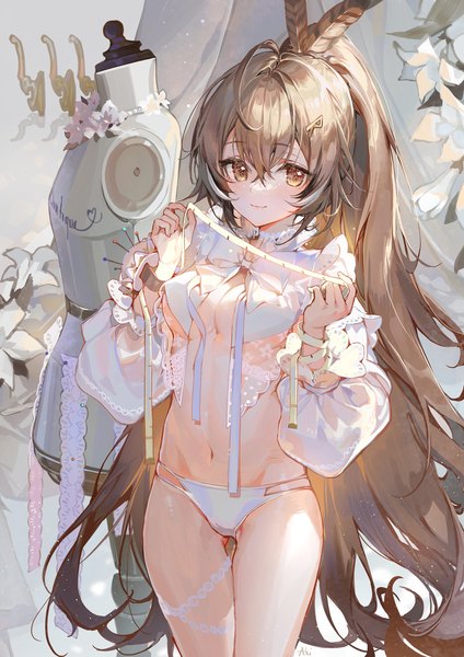 Anime picture 1765x2500 with virtual youtuber hololive hololive english nanashi mumei akizero1510 single tall image looking at viewer fringe highres breasts light erotic smile hair between eyes brown hair standing brown eyes ahoge ponytail long sleeves