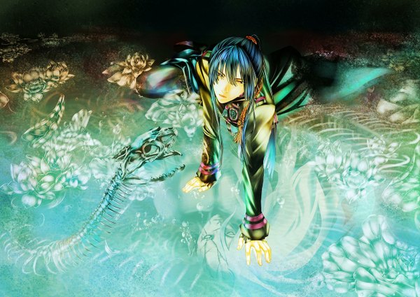 Anime picture 1366x968 with d.gray-man kanda yuu long hair fringe blue hair ponytail reflection reclining skeleton flower (flowers) cloak badge lotus