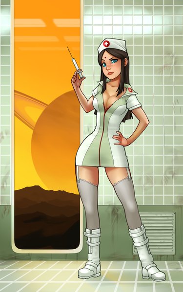 Anime picture 1024x1638 with ronin dude (ray cornwell) single long hair tall image looking at viewer breasts light erotic black hair cleavage aqua eyes lips hand on hip nurse girl thighhighs uniform boots garter straps nurse cap syringe