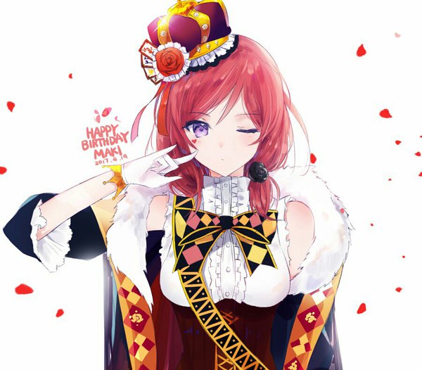 Anime picture 900x789 with love live! school idol project love live! school idol festival sunrise (studio) love live! nishikino maki tr (hareru) single looking at viewer fringe simple background white background purple eyes upper body red hair one eye closed hair flower off shoulder character names fur trim dated