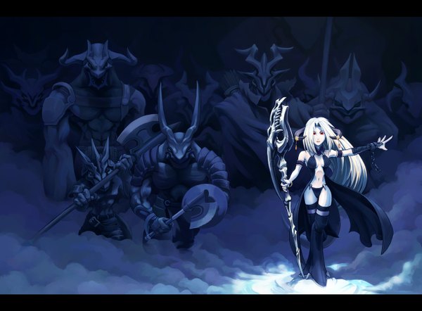 Anime picture 1220x900 with mishima yoshikatsu long hair open mouth light erotic blonde hair red eyes bare shoulders horn (horns) fog girl navel underwear panties detached sleeves chain staff huge weapon monster shackles