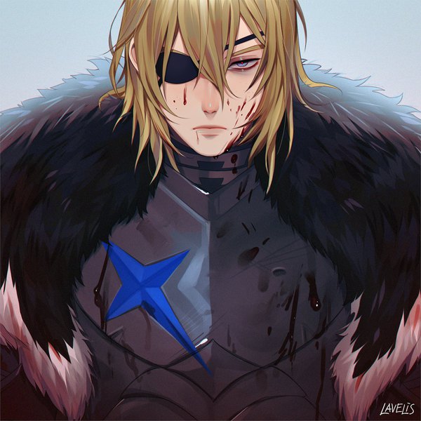 Anime picture 1300x1300 with fire emblem fire emblem: three houses nintendo dimitri alexandre blaiddyd lavelis single looking at viewer fringe short hair blue eyes blonde hair hair between eyes signed upper body blood on face bloody clothes boy blood eyepatch