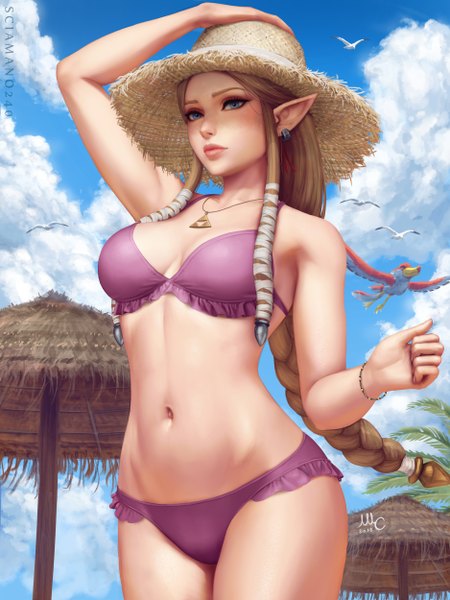 Anime picture 1875x2500 with the legend of zelda the legend of zelda: twilight princess nintendo princess zelda sciamano240 single long hair tall image looking at viewer blush highres breasts blue eyes light erotic brown hair standing bare shoulders signed payot sky
