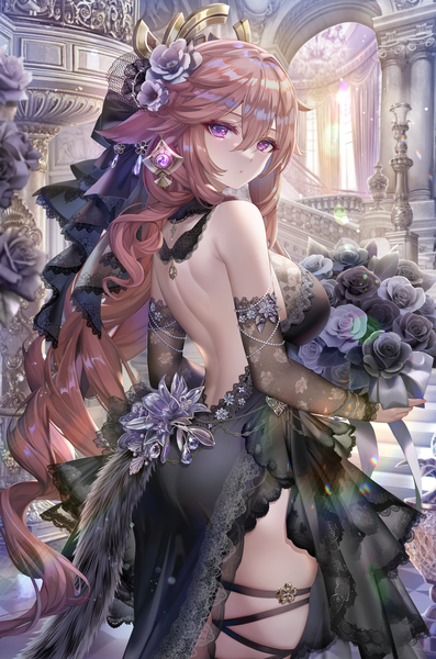Anime picture 5387x8151 with genshin impact yae miko torino aqua single long hair tall image looking at viewer fringe highres breasts light erotic hair between eyes large breasts standing purple eyes holding animal ears pink hair absurdres indoors