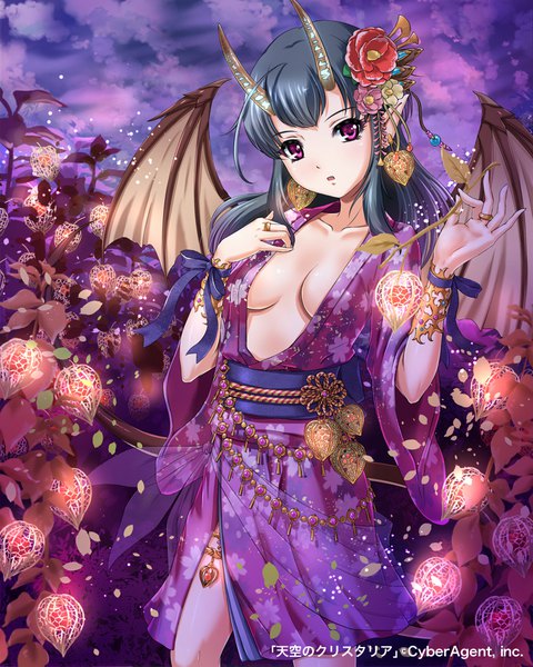 Anime picture 800x1000 with tenkuu no crystalia sakiyamama single long hair tall image looking at viewer blush fringe breasts open mouth light erotic black hair standing holding sky cloud (clouds) ahoge outdoors tail traditional clothes