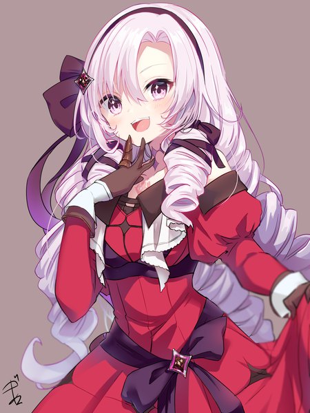 Anime picture 1500x2000 with virtual youtuber nijisanji hyakumantenbara salome hyakumantenbara salome (1st costume) amagasa nadame single long hair tall image fringe open mouth simple background hair between eyes purple eyes silver hair :d grey background hand to mouth tress ribbon girl dress
