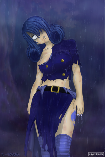 Anime picture 1400x2101 with fairy tail juvia lockser d-prodi3y d-prodigy single long hair tall image fringe breasts light erotic large breasts blue hair black eyes hair over one eye midriff wet tattoo coloring torn clothes drill hair