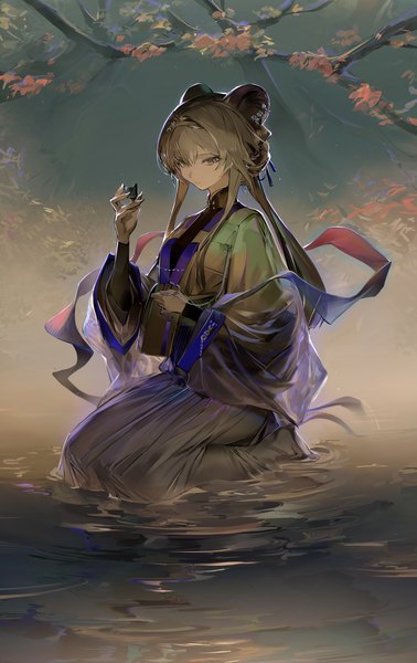 Anime picture 2505x3973 with arknights lin yuhsia (arknights) koio single long hair tall image fringe highres hair between eyes brown hair sitting brown eyes animal ears looking away partially submerged seiza girl water branch