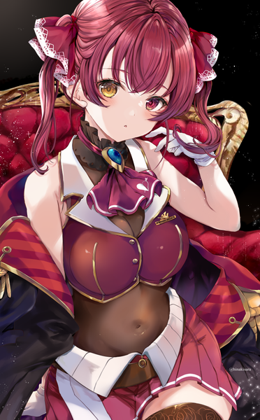 Anime picture 630x1015 with virtual youtuber hololive houshou marine houshou marine (1st costume) hinahino single long hair tall image looking at viewer twintails signed red hair pleated skirt midriff twitter username heterochromia covered navel adjusting hair girl skirt