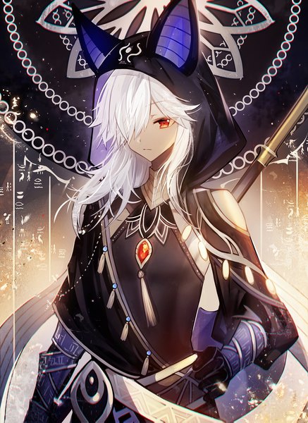 Anime picture 1200x1647 with genshin impact cyno (genshin impact) juexing (moemoe3345) single long hair tall image fringe red eyes upper body white hair hair over one eye hand on hip expressionless animal hood boy hood tassel