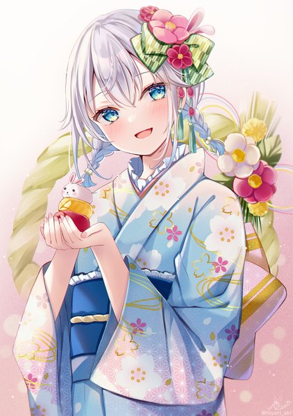 Anime picture 918x1304 with original sakura hiyori single tall image blush fringe short hair open mouth blue eyes hair between eyes holding silver hair upper body braid (braids) traditional clothes :d japanese clothes twin braids floral print new year