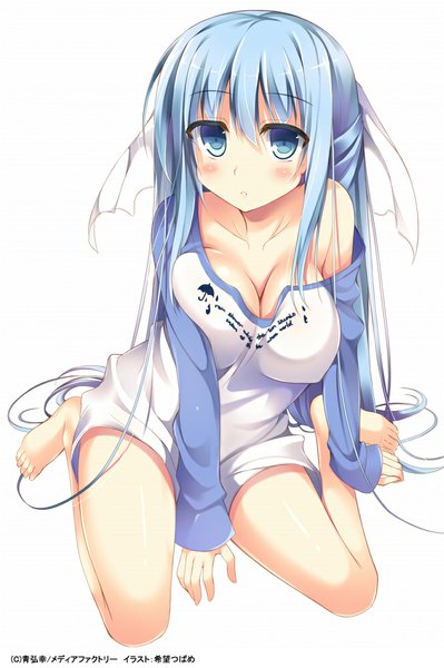 Anime picture 665x1000 with original nozomi tsubame single long hair tall image looking at viewer blush breasts blue eyes light erotic simple background large breasts white background blue hair bare legs girl bow hair bow