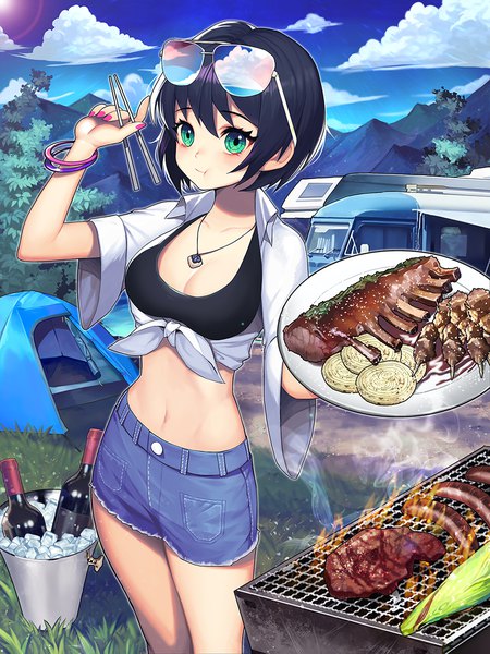 Anime picture 960x1280 with original kyundoo single tall image looking at viewer fringe short hair black hair hair between eyes standing holding green eyes sky cleavage cloud (clouds) outdoors nail polish wide sleeves bare belly reflection