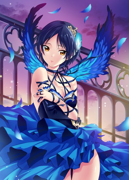 Anime picture 760x1062 with idolmaster idolmaster cinderella girls hayami kanade p.kibi single tall image looking at viewer short hair breasts standing bare shoulders yellow eyes blue hair sky cleavage cloud (clouds) evening crossed arms blue-winged maiden girl