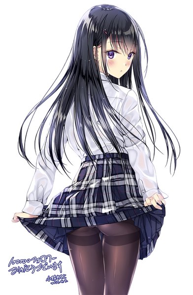 Anime picture 1014x1553 with original kobayashi chisato single long hair tall image looking at viewer blush fringe light erotic black hair simple background hair between eyes standing white background purple eyes long sleeves parted lips looking back from behind pantyshot