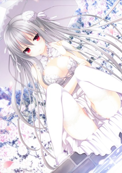 Anime picture 2122x3000 with original makita maki single long hair tall image highres breasts light erotic red eyes sitting silver hair scan girl dress hair ornament flower (flowers) umbrella