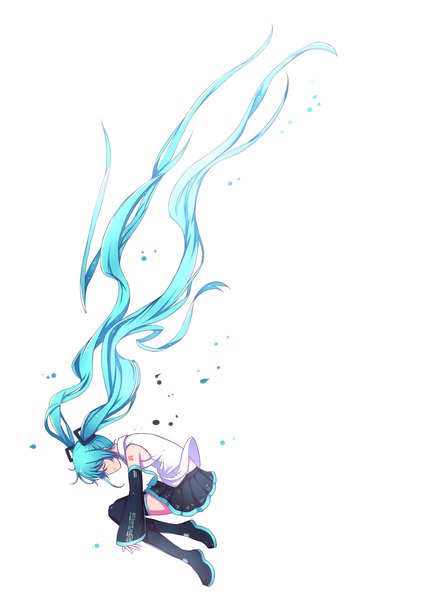 Anime picture 2480x3507 with vocaloid hatsune miku hzyang single tall image highres simple background smile white background twintails full body eyes closed long sleeves very long hair profile pleated skirt aqua hair sleeves past wrists embryo's pose girl