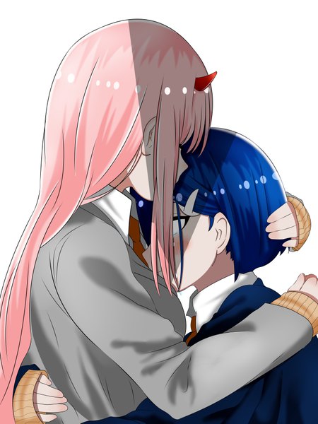 Anime picture 5540x7385 with darling in the franxx studio trigger zero two (darling in the franxx) ichigo (darling in the franxx) 0330moyasi long hair tall image blush highres short hair simple background standing white background multiple girls payot blue hair pink hair absurdres upper body horn (horns)