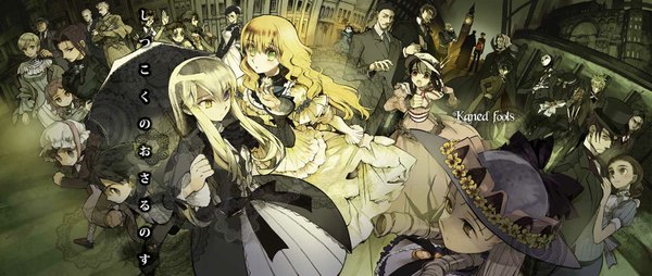 Anime picture 1624x690 with shikkoku no sharnoth angelos armas liarsoft steampunk (liarsoft) henri mary clarissa christie charlotte bronte angelica derleth elly beinhorn howard phillips keynes viola baskerville akira (kaned fools) wide image everyone panorama