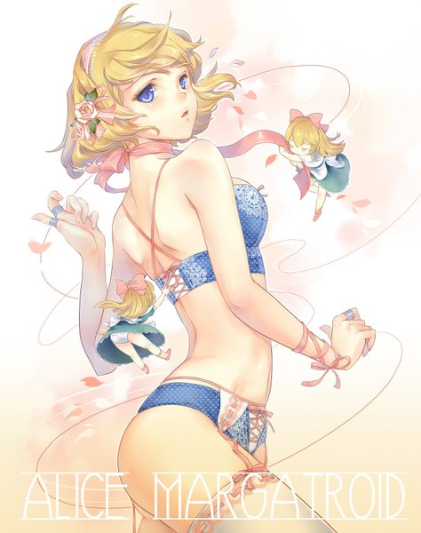 Anime picture 1309x1654 with touhou alice margatroid shanghai esha tall image short hair blue eyes light erotic blonde hair bare shoulders multiple girls eyes closed inscription bare belly character names girl thighhighs dress underwear panties