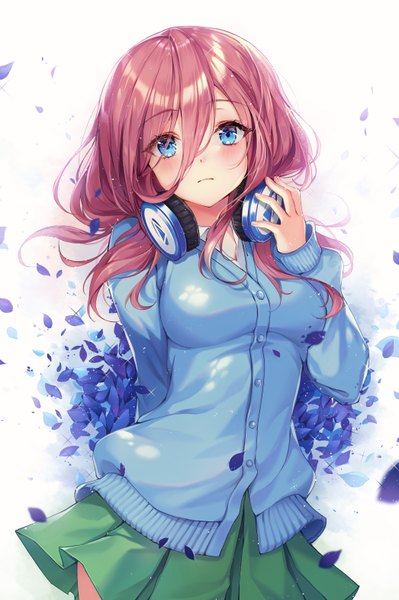 Anime picture 4183x6287 with go-toubun no hanayome nakano miku ttosom single long hair tall image looking at viewer blush fringe highres breasts blue eyes simple background hair between eyes standing white background pink hair absurdres arm behind back headphones around neck