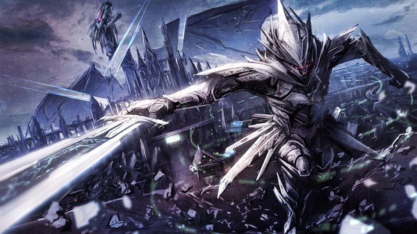 Anime picture 1173x661 with original missle228 open mouth red eyes wide image holding sky bent knee (knees) outdoors blurry city glowing cityscape glowing eye (eyes) outstretched hand fantasy fighting stance shiny eyes gothic
