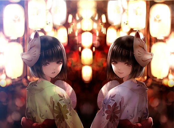 Anime picture 1000x738 with original kiyohara hiro looking at viewer short hair black hair red eyes multiple girls traditional clothes looking back light smile mask on head girl 2 girls mask fan lantern fox mask