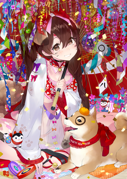 Anime picture 1254x1771 with original tonito single long hair tall image looking at viewer fringe light erotic smile hair between eyes brown hair sitting twintails brown eyes animal ears tail animal tail facial mark new year whisker markings