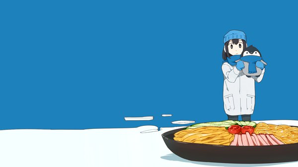 Anime picture 1921x1081 with original routo single looking at viewer fringe highres short hair black hair simple background wide image standing holding black eyes snow girl gloves hat animal food scarf