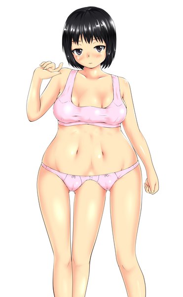 Anime picture 850x1374 with original ftt single tall image looking at viewer blush fringe short hair light erotic black hair simple background standing white background blunt bangs arm up black eyes mole mole under eye underwear only thigh gap