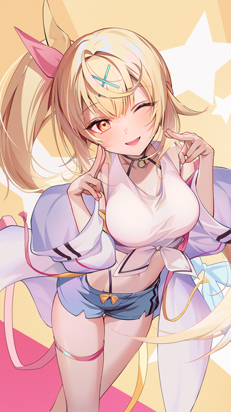 Anime picture 1080x1920 with virtual youtuber nijisanji hoshikawa sara hoshikawa sara (1st costume) kainown single long hair tall image looking at viewer open mouth blonde hair yellow eyes from above midriff side ponytail ;d front-tie top girl hair ornament shorts