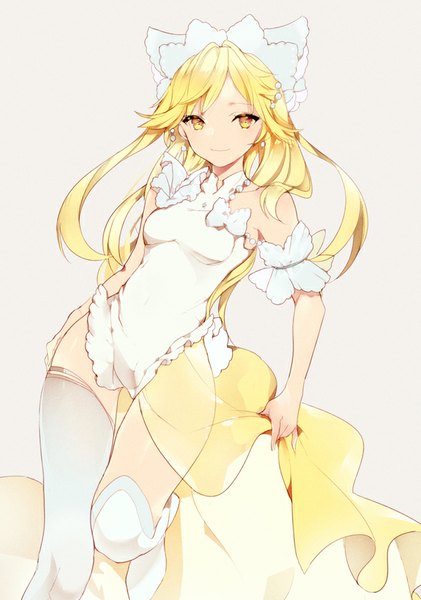 Anime picture 600x854 with original lpip single long hair tall image looking at viewer light erotic blonde hair smile standing bare shoulders yellow eyes bent knee (knees) pink background leg lift (legs lift) girl bow boots thigh boots