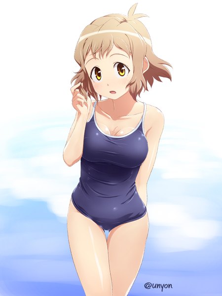 Anime picture 1200x1600 with senki zesshou symphogear satelight tachibana hibiki unyon single tall image looking at viewer fringe short hair light erotic brown hair signed yellow eyes parted lips from above girl swimsuit one-piece swimsuit school swimsuit