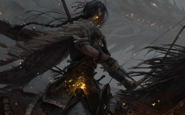Anime picture 10110x6319 with original guweiz single long hair highres black hair holding absurdres braid (braids) realistic single braid glowing fantasy riding incredibly absurdres girl weapon earrings cape lantern