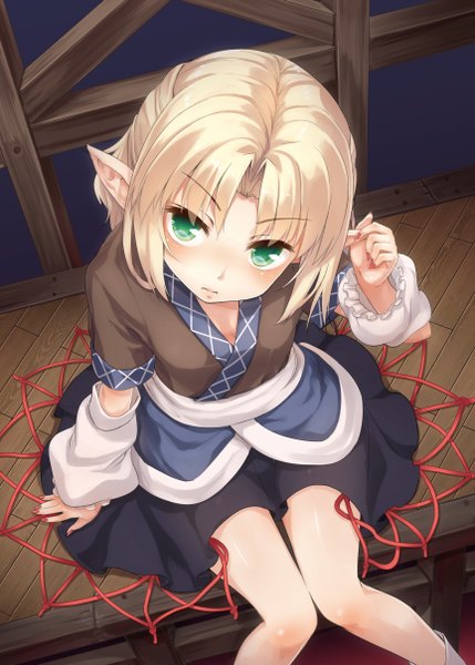 Anime picture 864x1208 with touhou mizuhashi parsee usotsuki penta single tall image looking at viewer blush fringe short hair blonde hair sitting green eyes cleavage bent knee (knees) nail polish head tilt fingernails from above pointy ears arm support