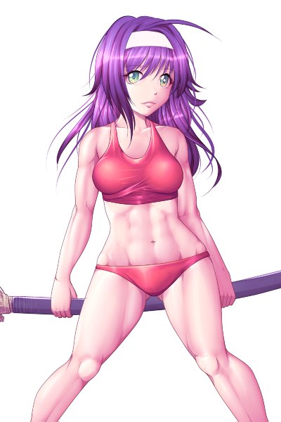 Anime picture 800x1199 with fire emblem fire emblem: radiant dawn nintendo mia (fire emblem) harihisa single long hair tall image looking at viewer breasts light erotic simple background standing white background green eyes purple hair underwear only groin muscle girl