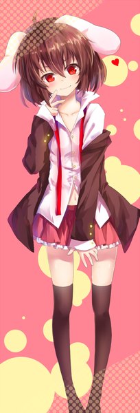 Anime picture 340x1000 with touhou inaba tewi transistor (poppy) single tall image looking at viewer blush short hair smile red eyes brown hair animal ears bunny ears victory reisen udongein inaba (cosplay) girl thighhighs black thighhighs
