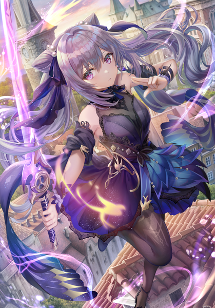 Anime picture 5827x8345 with genshin impact keqing (genshin impact) keqing (opulent splendor) (genshin impact) torino aqua single long hair tall image blush fringe highres hair between eyes purple eyes twintails bare shoulders holding payot absurdres sky purple hair bent knee (knees)