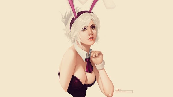 Anime picture 1920x1080 with league of legends riven (league of legends) battle bunny riven tsuaii single looking at viewer highres short hair breasts light erotic simple background wide image bare shoulders brown eyes signed animal ears white hair realistic bunny ears wallpaper