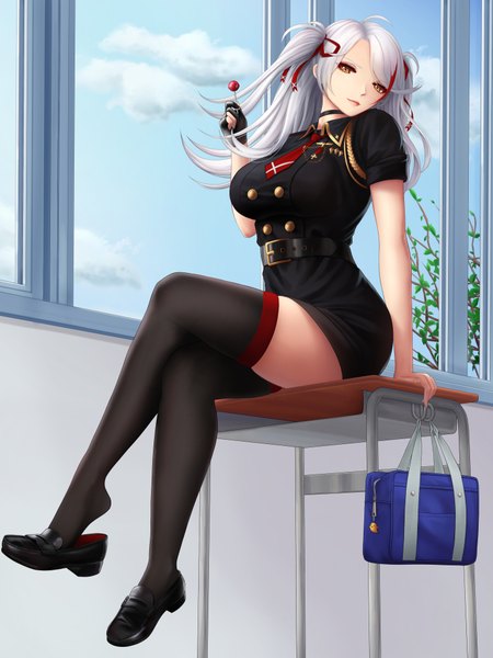 Anime picture 1500x2000 with azur lane manjuu (azur lane) prinz eugen (azur lane) zaphn single long hair tall image looking at viewer blush fringe breasts large breasts sitting holding yellow eyes payot sky silver hair cloud (clouds) full body