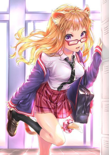 Anime picture 2480x3508 with original routo (rot 0) single long hair tall image looking at viewer highres open mouth purple eyes animal ears tail animal tail cat ears orange hair cat girl cat tail plaid skirt girl skirt uniform
