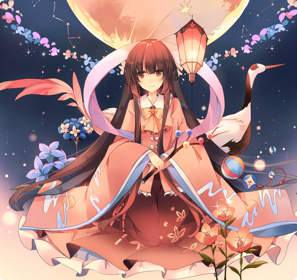 Anime picture 990x933 with original kirero (pixiv) single long hair looking at viewer fringe smile brown hair holding brown eyes full body traditional clothes wide sleeves sparkle chinese clothes hands clasped constellation girl flower (flowers) animal